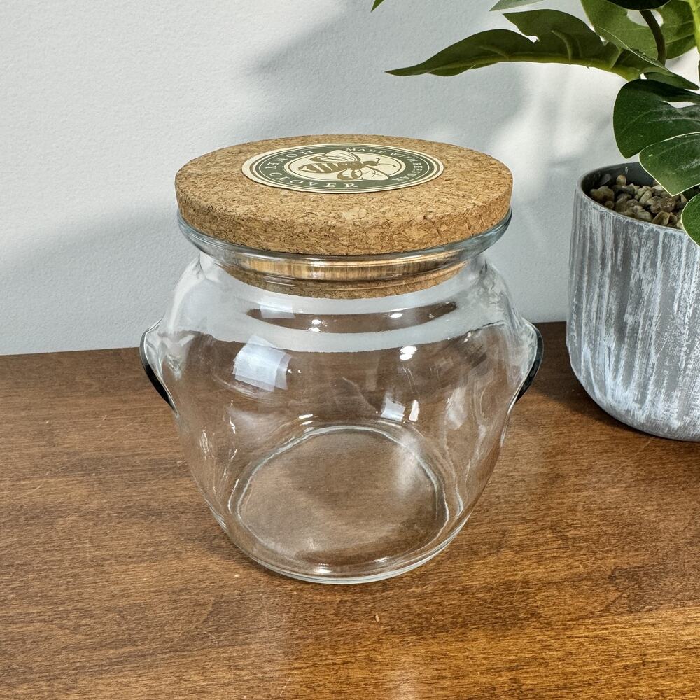 Glass Honey Jar Dispenser with Cork Lid & Pour Spout - Bee Theme Storage